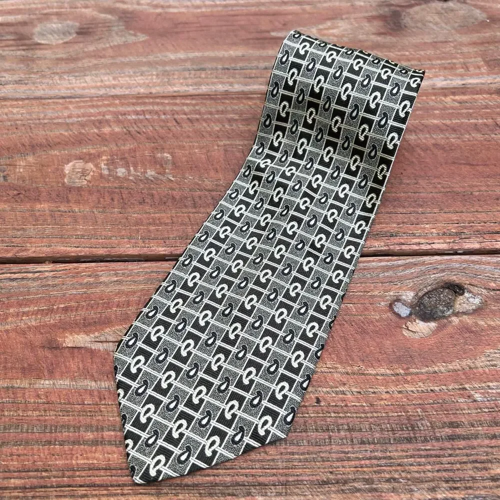 Vintage 90s Giacomo de Senese 100% Silk Tie Italian Sage Green Paisley 3.75”